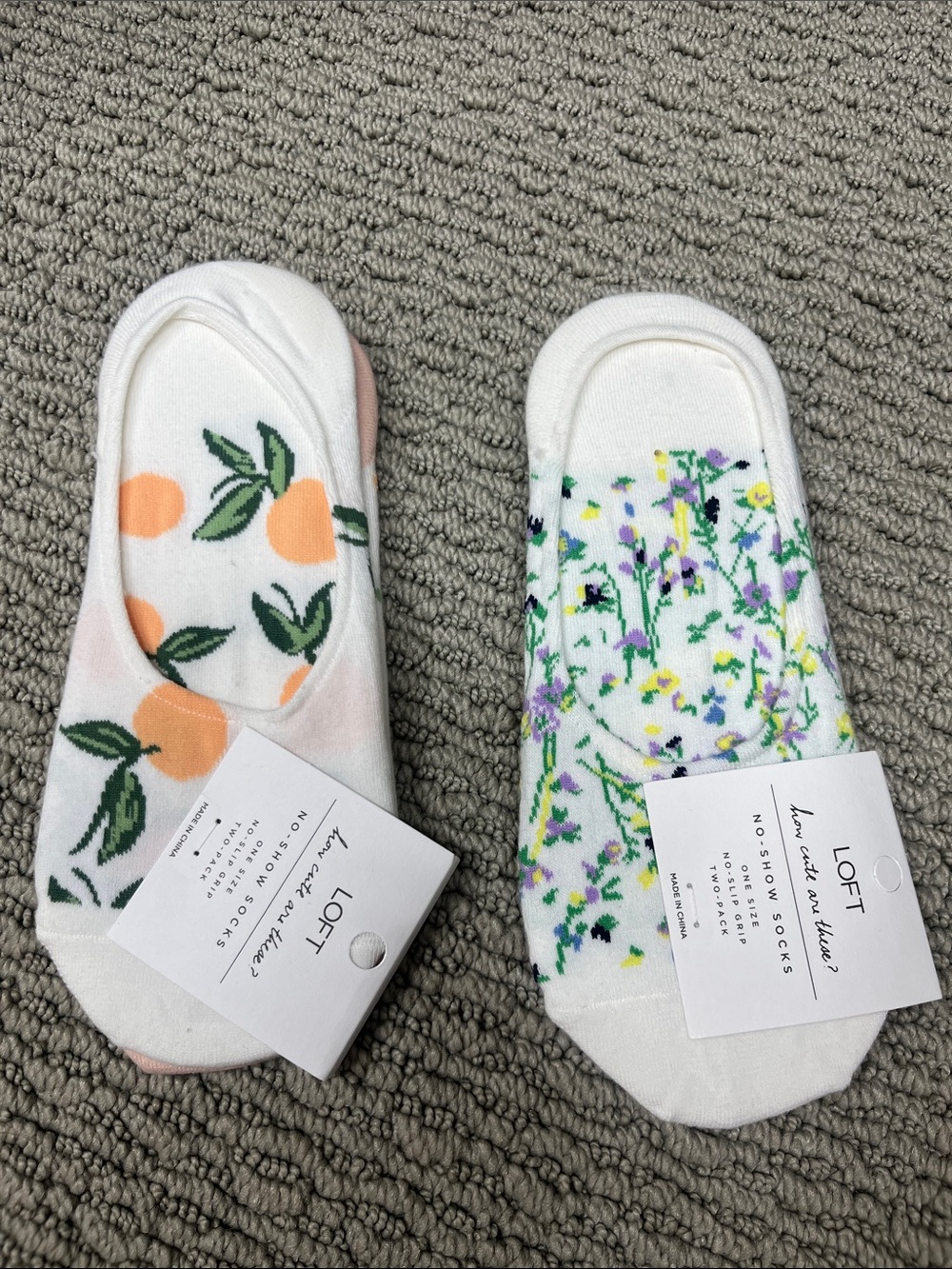 LOFT White No-Show Socks with Peach Motif & Floral Sprig Pair